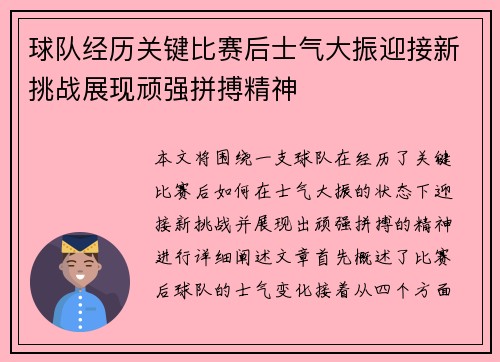 球队经历关键比赛后士气大振迎接新挑战展现顽强拼搏精神