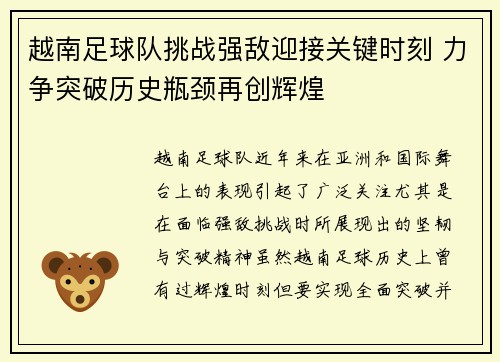 越南足球队挑战强敌迎接关键时刻 力争突破历史瓶颈再创辉煌