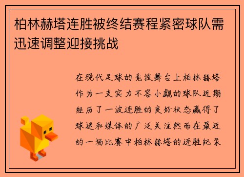 柏林赫塔连胜被终结赛程紧密球队需迅速调整迎接挑战